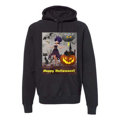 Witch With Black Cat Bats & Pumpkin Halloween Special Premium Hoodie