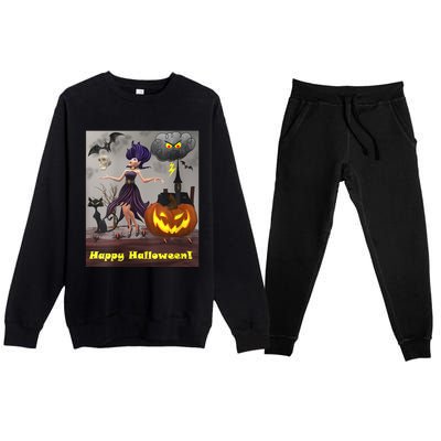 Witch With Black Cat Bats & Pumpkin Halloween Special Premium Crewneck Sweatsuit Set