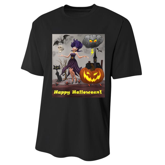 Witch With Black Cat Bats & Pumpkin Halloween Special Performance Sprint T-Shirt