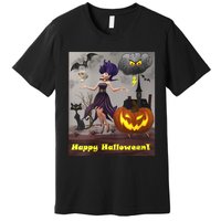 Witch With Black Cat Bats & Pumpkin Halloween Special Premium T-Shirt