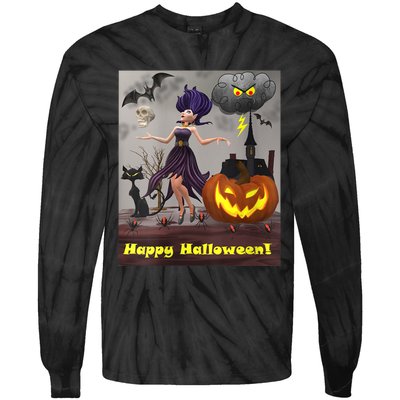 Witch With Black Cat Bats & Pumpkin Halloween Special Tie-Dye Long Sleeve Shirt