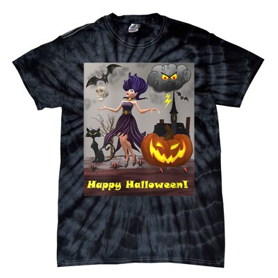 Witch With Black Cat Bats & Pumpkin Halloween Special Tie-Dye T-Shirt