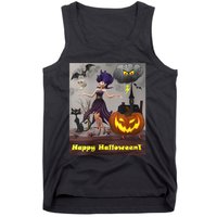 Witch With Black Cat Bats & Pumpkin Halloween Special Tank Top