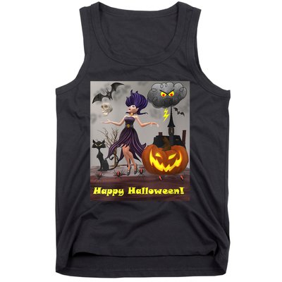 Witch With Black Cat Bats & Pumpkin Halloween Special Tank Top