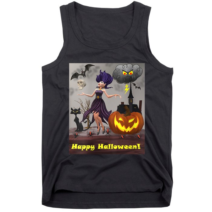 Witch With Black Cat Bats & Pumpkin Halloween Special Tank Top