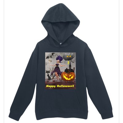 Witch With Black Cat Bats & Pumpkin Halloween Special Urban Pullover Hoodie