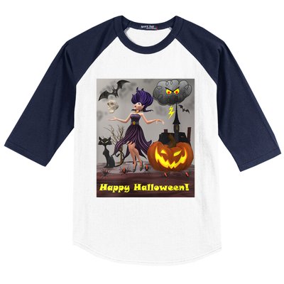 Witch With Black Cat Bats & Pumpkin Halloween Special Baseball Sleeve Shirt