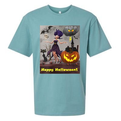 Witch With Black Cat Bats & Pumpkin Halloween Special Sueded Cloud Jersey T-Shirt