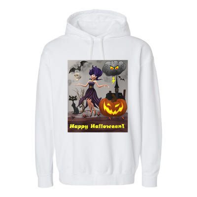 Witch With Black Cat Bats & Pumpkin Halloween Special Garment-Dyed Fleece Hoodie