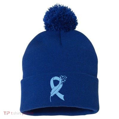 We Wear Blue Colon Cancer Awareness Month Ribbon Sunflower Meaningful Gift Pom Pom 12in Knit Beanie