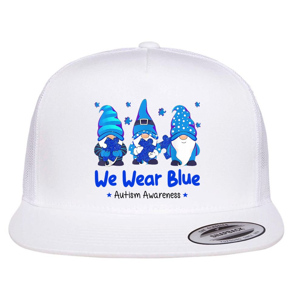 We Wear Blue Autism Awareness Gnome Flat Bill Trucker Hat
