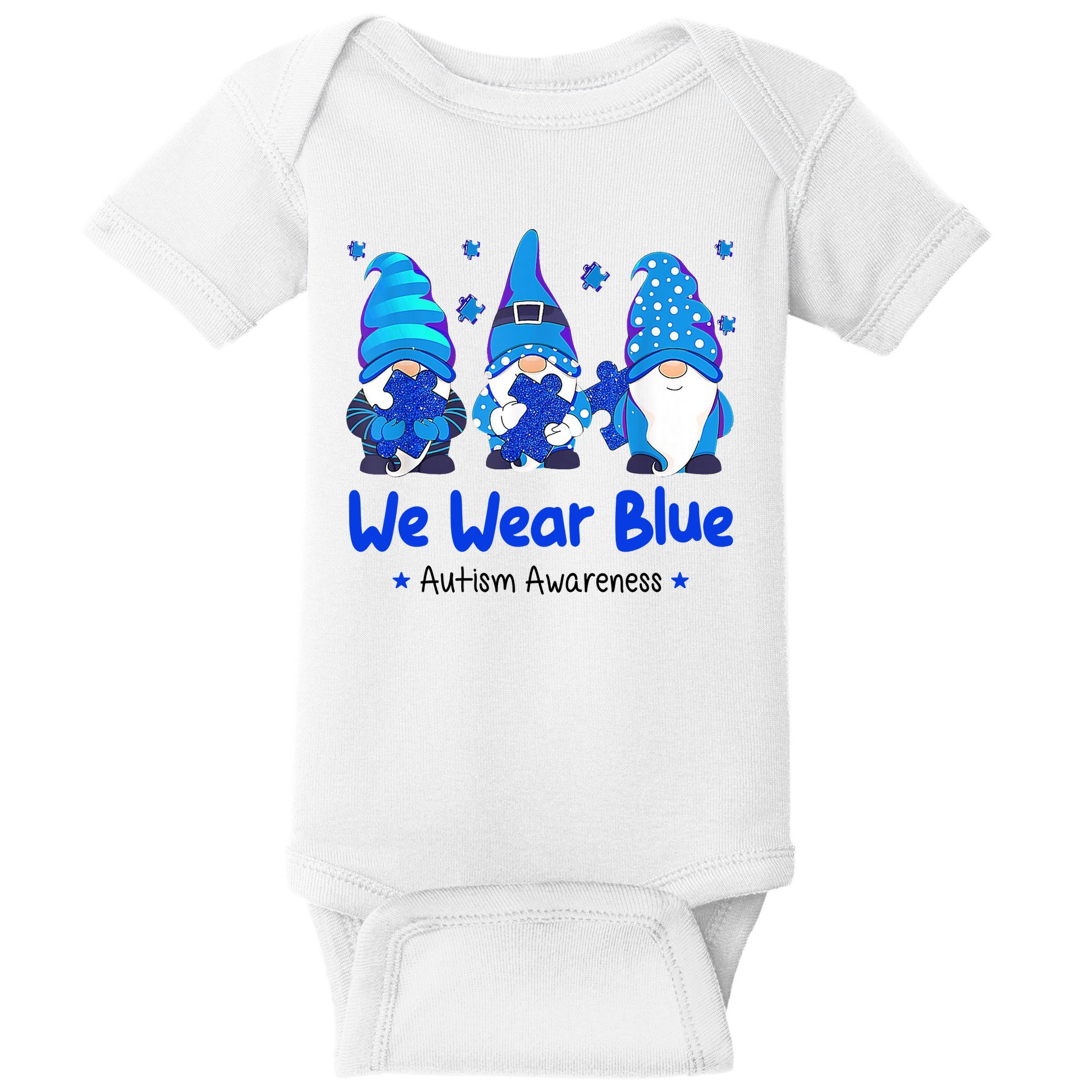 We Wear Blue Autism Awareness Gnome Baby Bodysuit