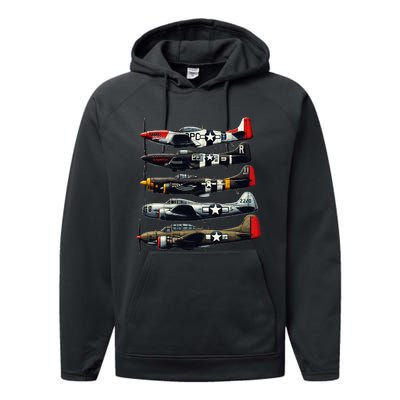 Ww2 Warplanes B 17 P51 Mustang F4u Corsair P40 Warhawk Performance Fleece Hoodie