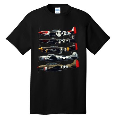 Ww2 Warplanes B 17 P51 Mustang F4u Corsair P40 Warhawk Tall T-Shirt