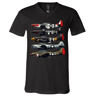 Ww2 Warplanes B 17 P51 Mustang F4u Corsair P40 Warhawk V-Neck T-Shirt