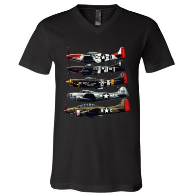 Ww2 Warplanes B 17 P51 Mustang F4u Corsair P40 Warhawk V-Neck T-Shirt