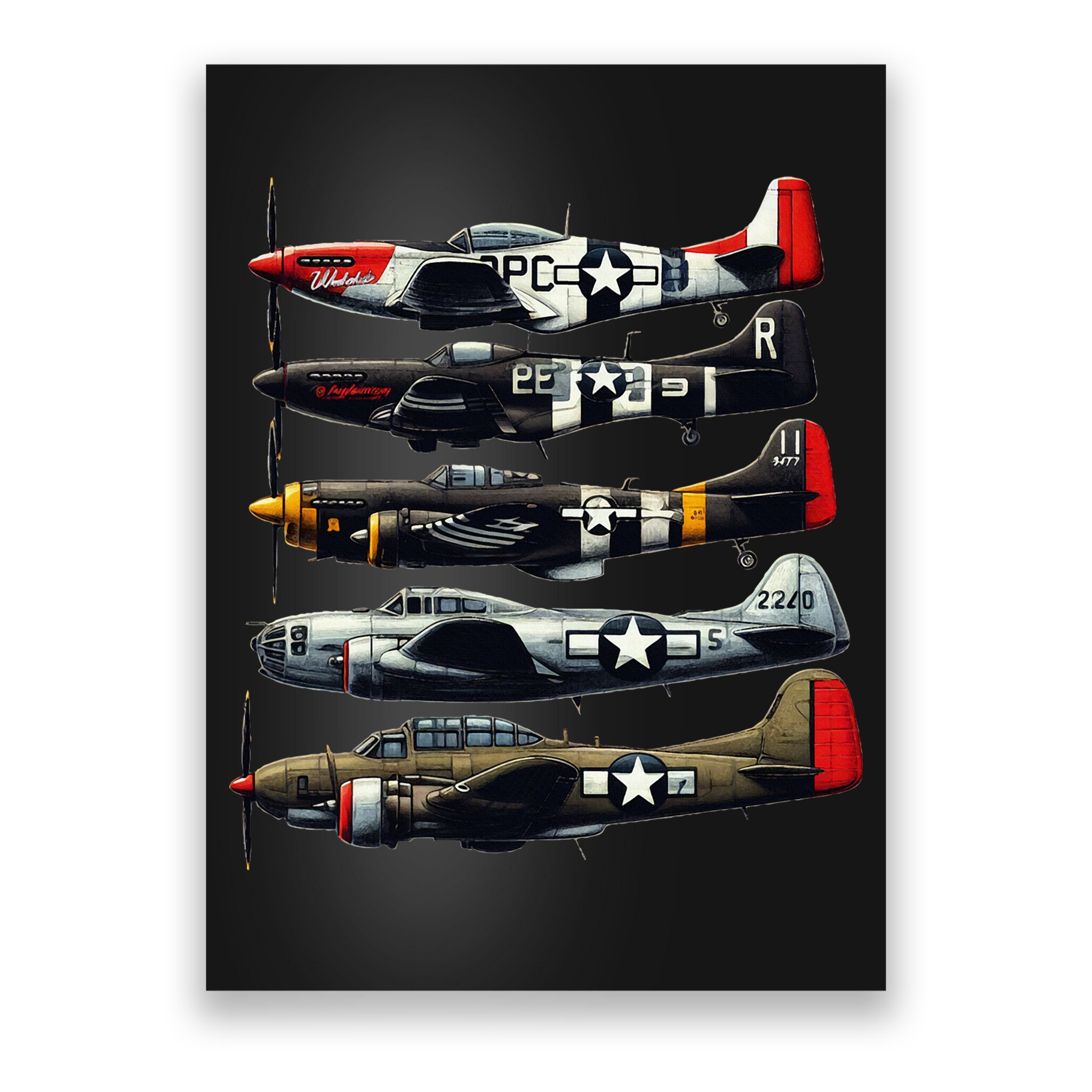 Ww2 Warplanes B 17 P51 Mustang F4u Corsair P40 Warhawk Poster