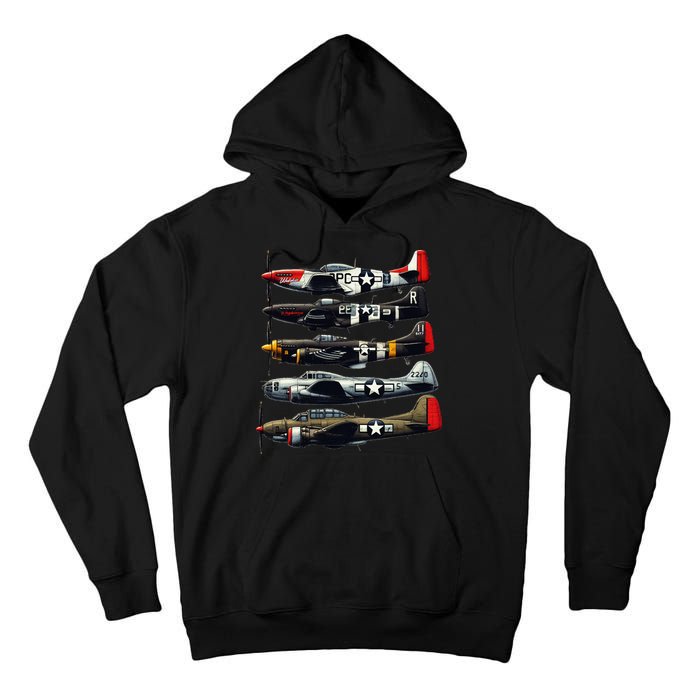 Ww2 Warplanes B 17 P51 Mustang F4u Corsair P40 Warhawk Tall Hoodie