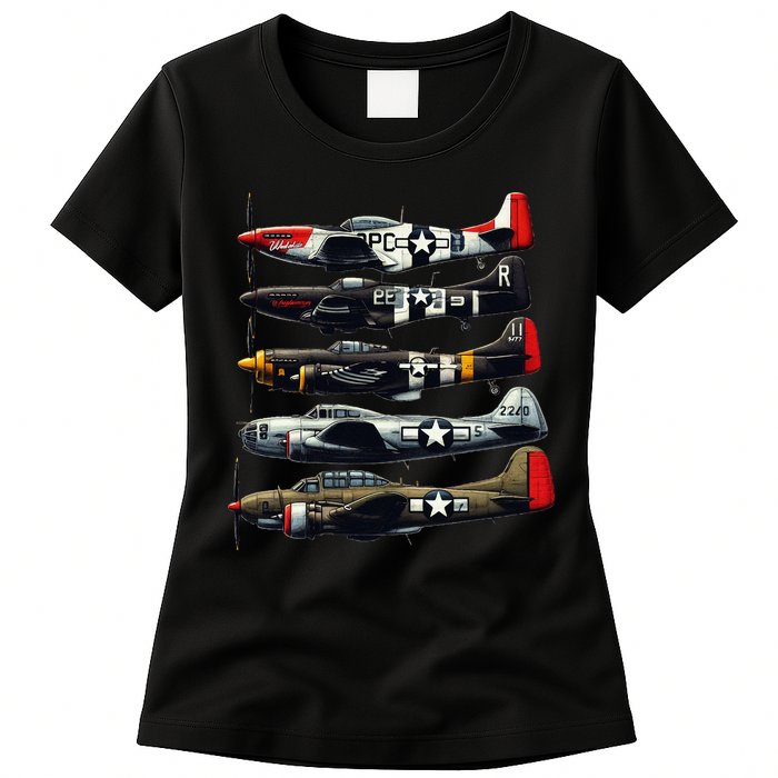 Ww2 Warplanes B 17 P51 Mustang F4u Corsair P40 Warhawk Womens T-Shirt