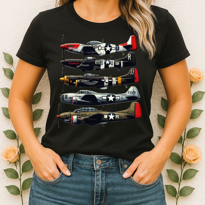 Ww2 Warplanes B 17 P51 Mustang F4u Corsair P40 Warhawk Womens T-Shirt