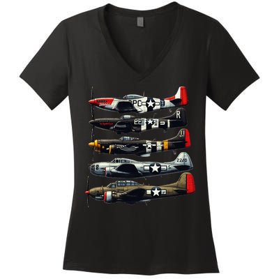 Ww2 Warplanes B 17 P51 Mustang F4u Corsair P40 Warhawk Women's V-Neck T-Shirt