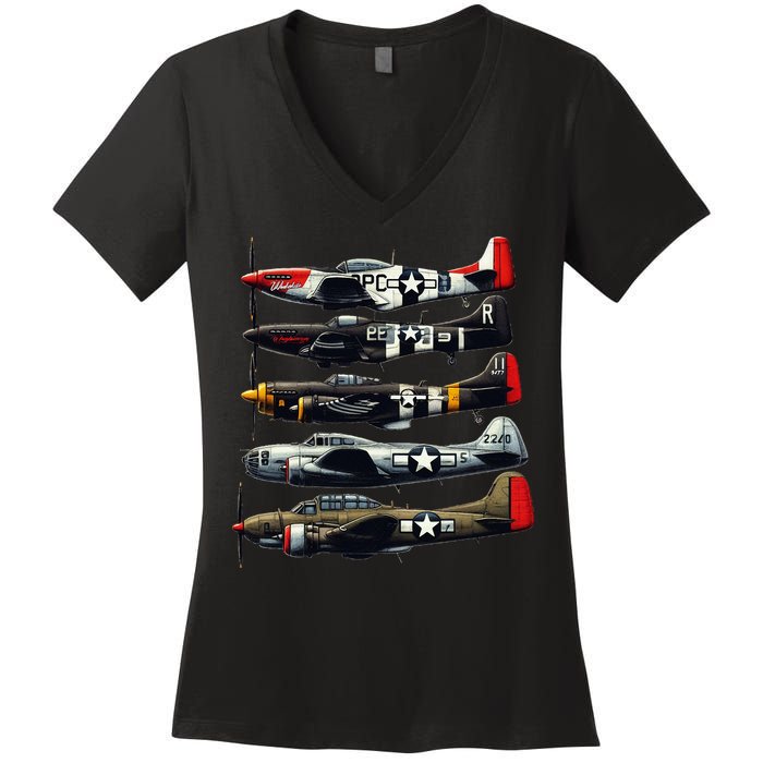 Ww2 Warplanes B 17 P51 Mustang F4u Corsair P40 Warhawk Women's V-Neck T-Shirt