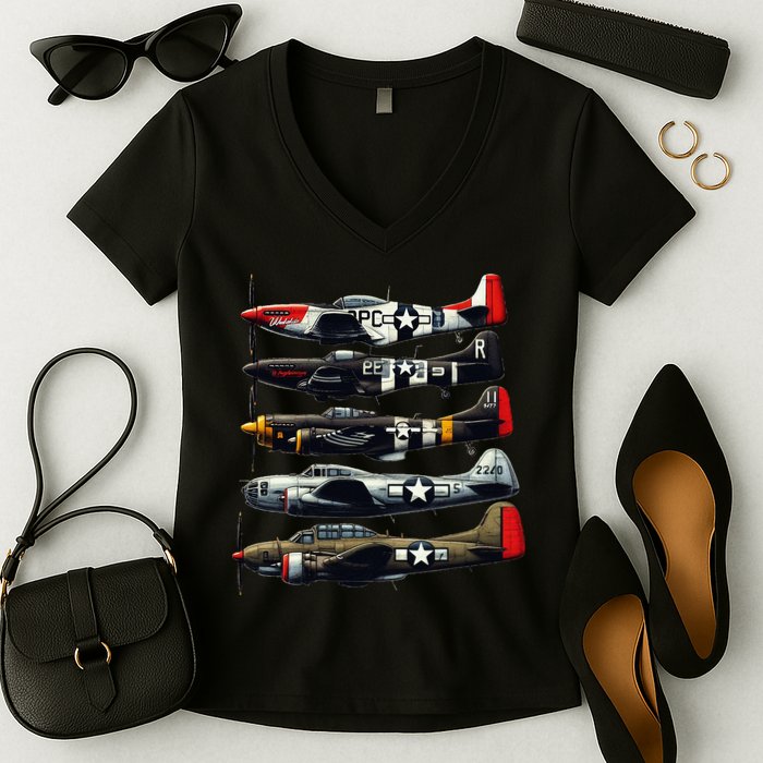 Ww2 Warplanes B 17 P51 Mustang F4u Corsair P40 Warhawk Women's V-Neck T-Shirt
