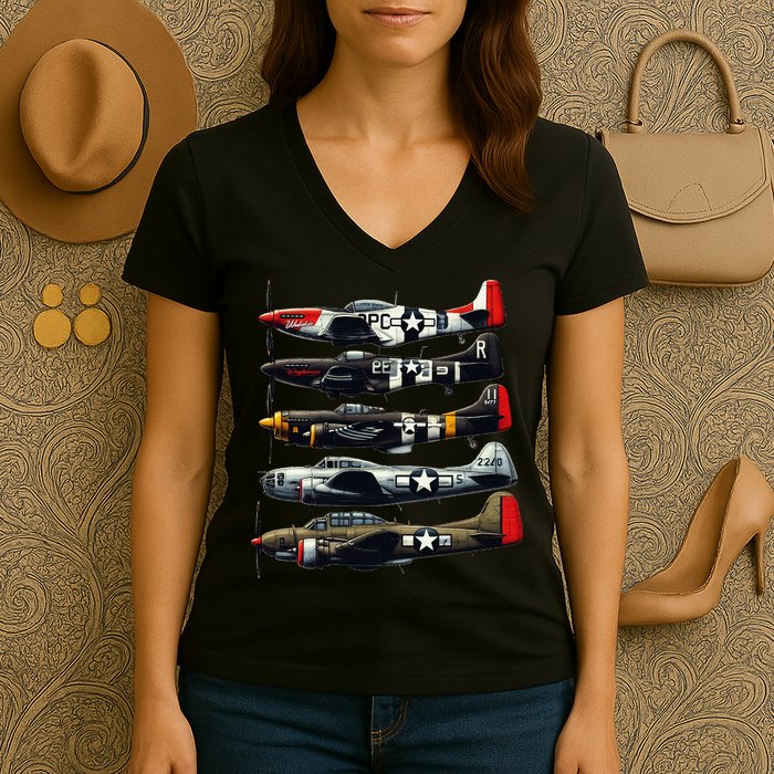 Ww2 Warplanes B 17 P51 Mustang F4u Corsair P40 Warhawk Women's V-Neck T-Shirt