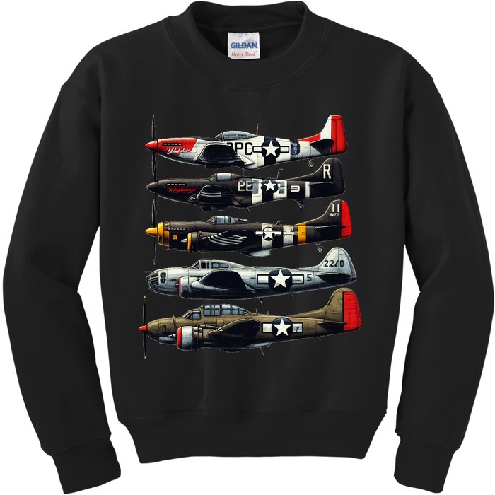 Ww2 Warplanes B 17 P51 Mustang F4u Corsair P40 Warhawk Kids Sweatshirt