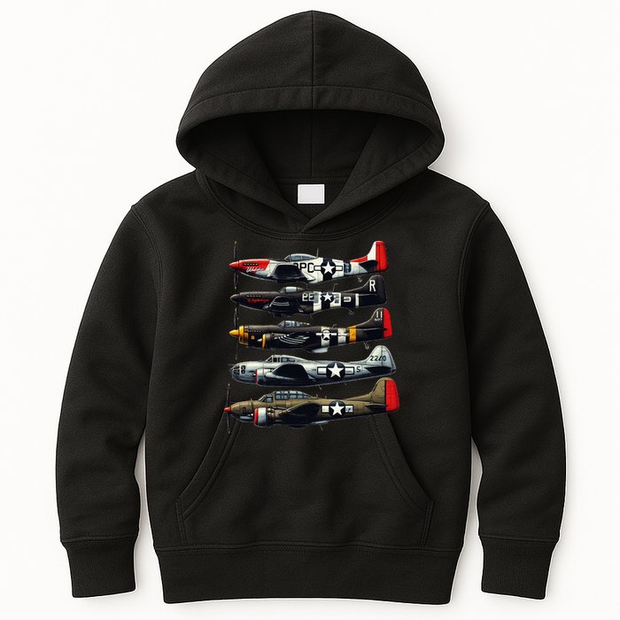 Ww2 Warplanes B 17 P51 Mustang F4u Corsair P40 Warhawk Kids Hoodie