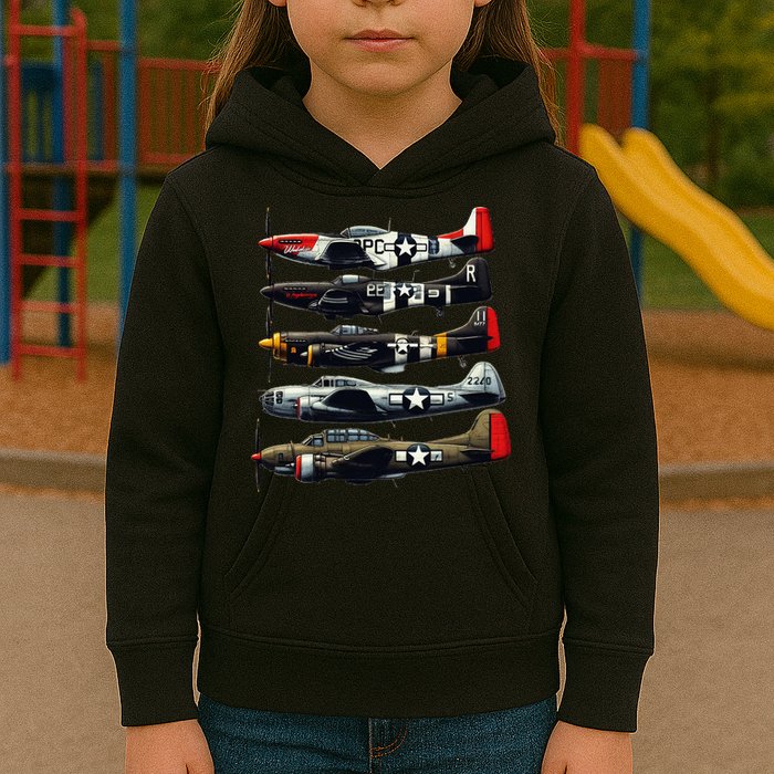 Ww2 Warplanes B 17 P51 Mustang F4u Corsair P40 Warhawk Kids Hoodie