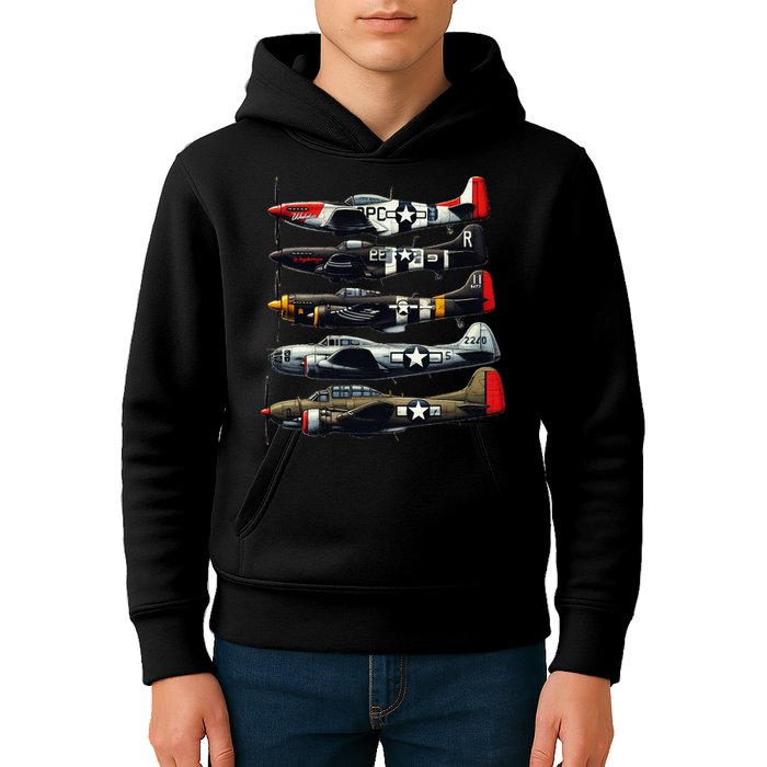 Ww2 Warplanes B 17 P51 Mustang F4u Corsair P40 Warhawk Kids Hoodie