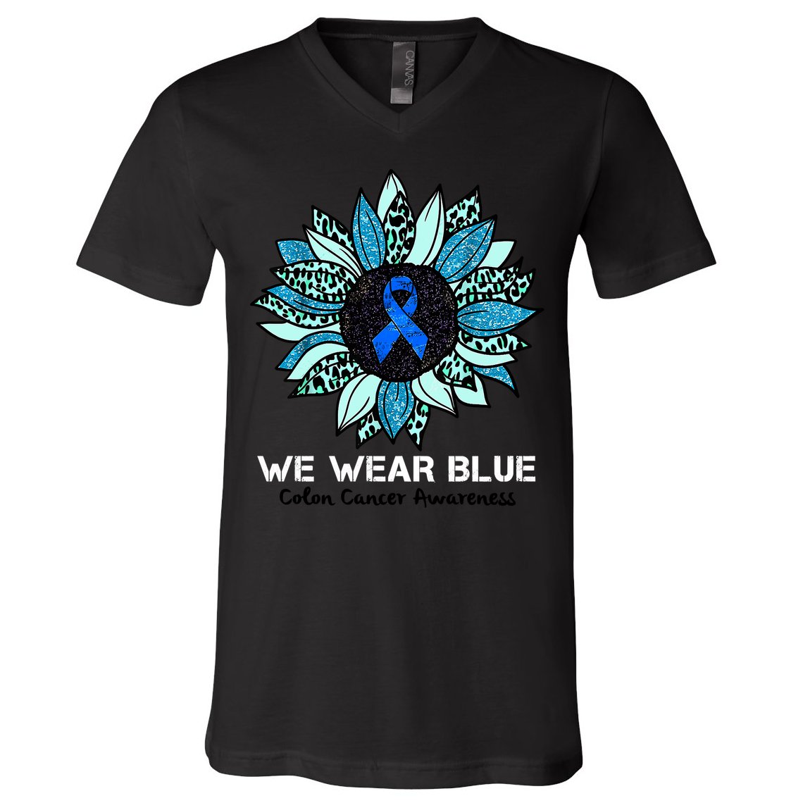 We Wear Blue Colon Cancer Awareness Month Ribbon Sunflower V-Neck T-Shirt