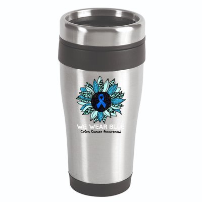 We Wear Blue Colon Cancer Awareness Month Ribbon Sunflower 16oz Travel Tumbler