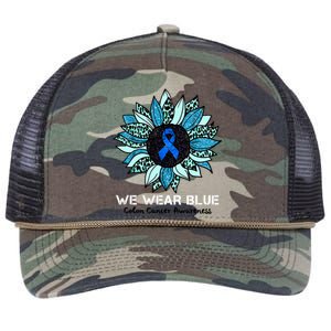 We Wear Blue Colon Cancer Awareness Month Ribbon Sunflower Retro Rope Trucker Hat Cap