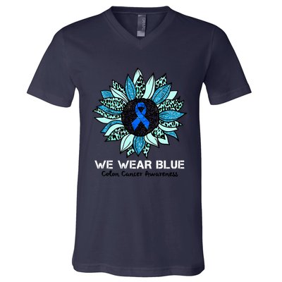 We Wear Blue Colon Cancer Awareness Month Ribbon Sunflower V-Neck T-Shirt