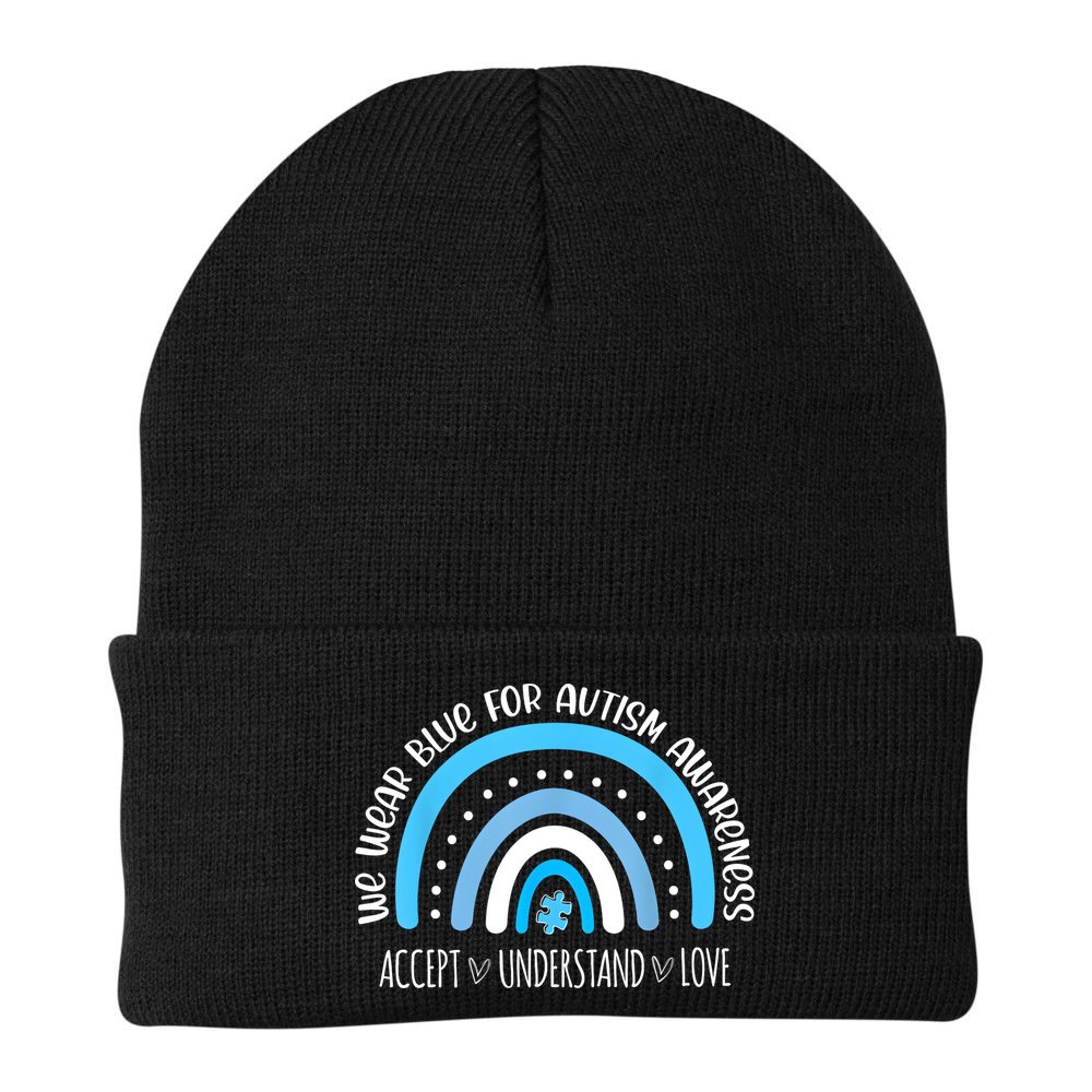 We Wear Blue For Autism Awareness Cute Rainbow Autistic Beanie