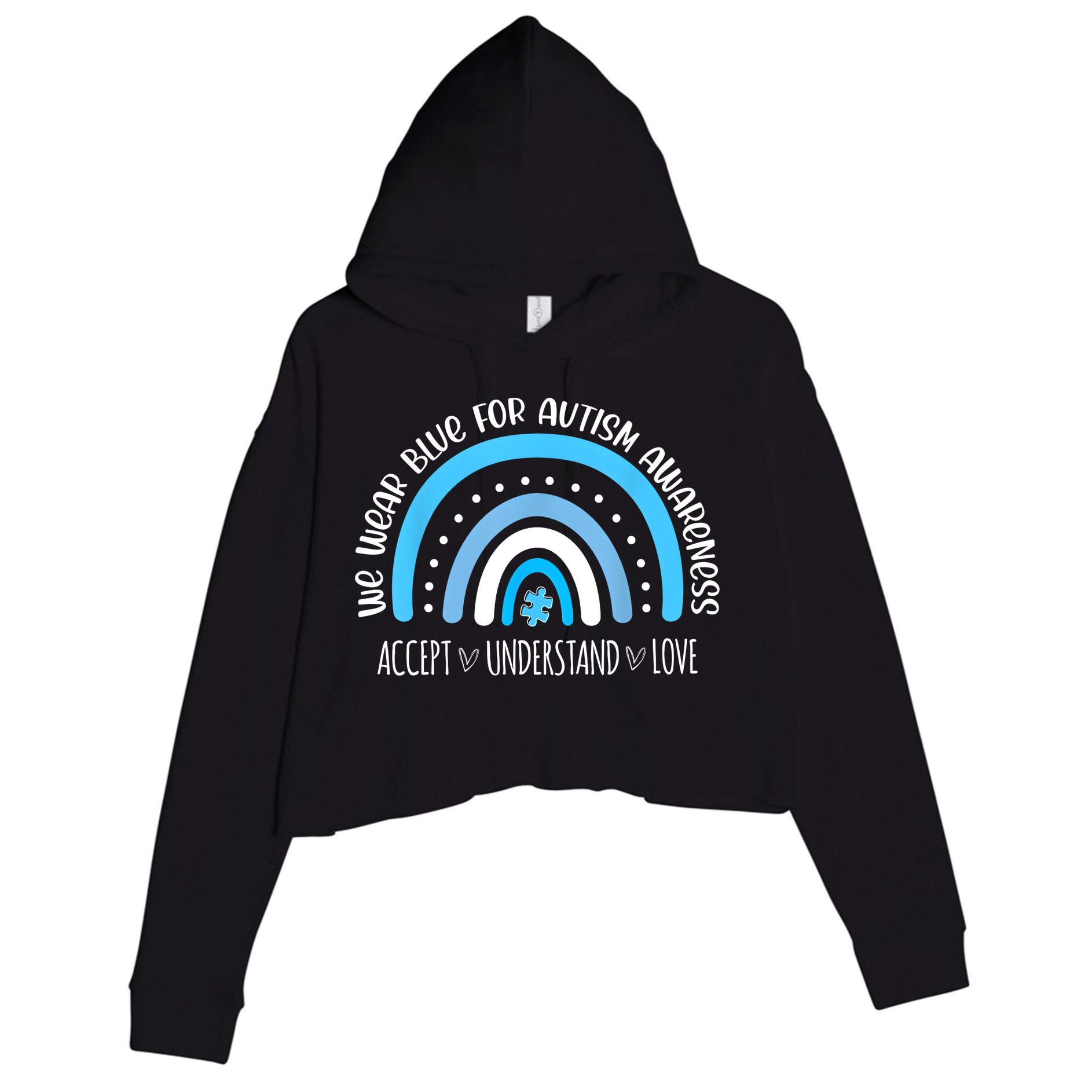 We Wear Blue For Autism Awareness Cute Rainbow Autistic Crop Fleece Hoodie
