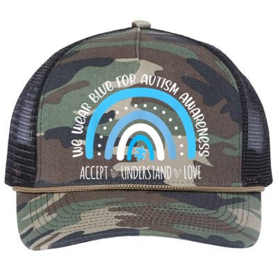 We Wear Blue For Autism Awareness Cute Rainbow Autistic Retro Rope Trucker Hat Cap