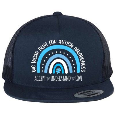 We Wear Blue For Autism Awareness Cute Rainbow Autistic Flat Bill Trucker Hat