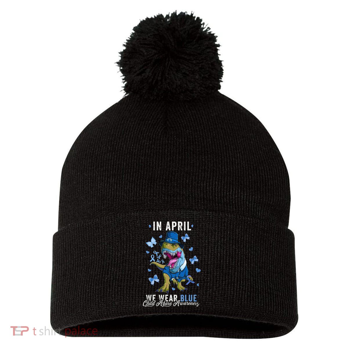 We Wear Blue For Child Abuse Prevention Awareness Ribbon Pom Pom 12in Knit Beanie