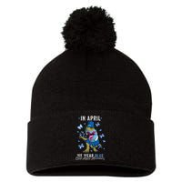 We Wear Blue For Child Abuse Prevention Awareness Ribbon Pom Pom 12in Knit Beanie