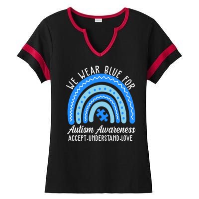 We Wear Blue For Autism Awareness Puzzle Rainbow Ladies Halftime Notch Neck Tee