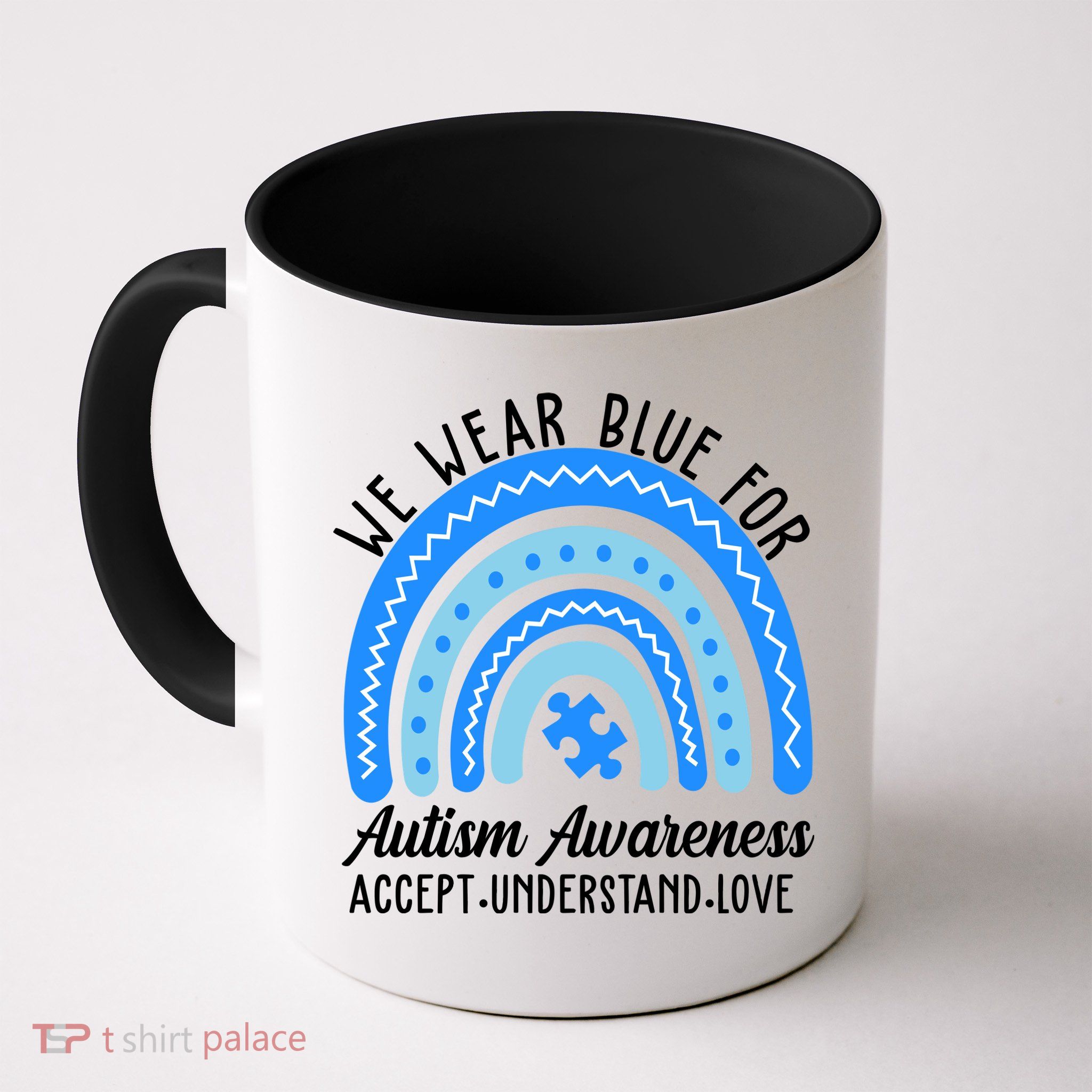 We Wear Blue For Autism Awareness Puzzle Rainbow Mug