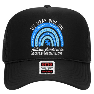 We Wear Blue For Autism Awareness Puzzle Rainbow Trucker Hat