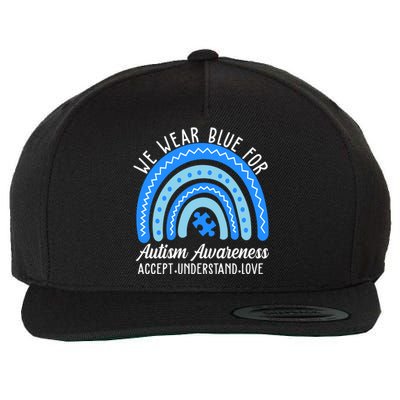 We Wear Blue For Autism Awareness Puzzle Rainbow Wool Snapback Cap