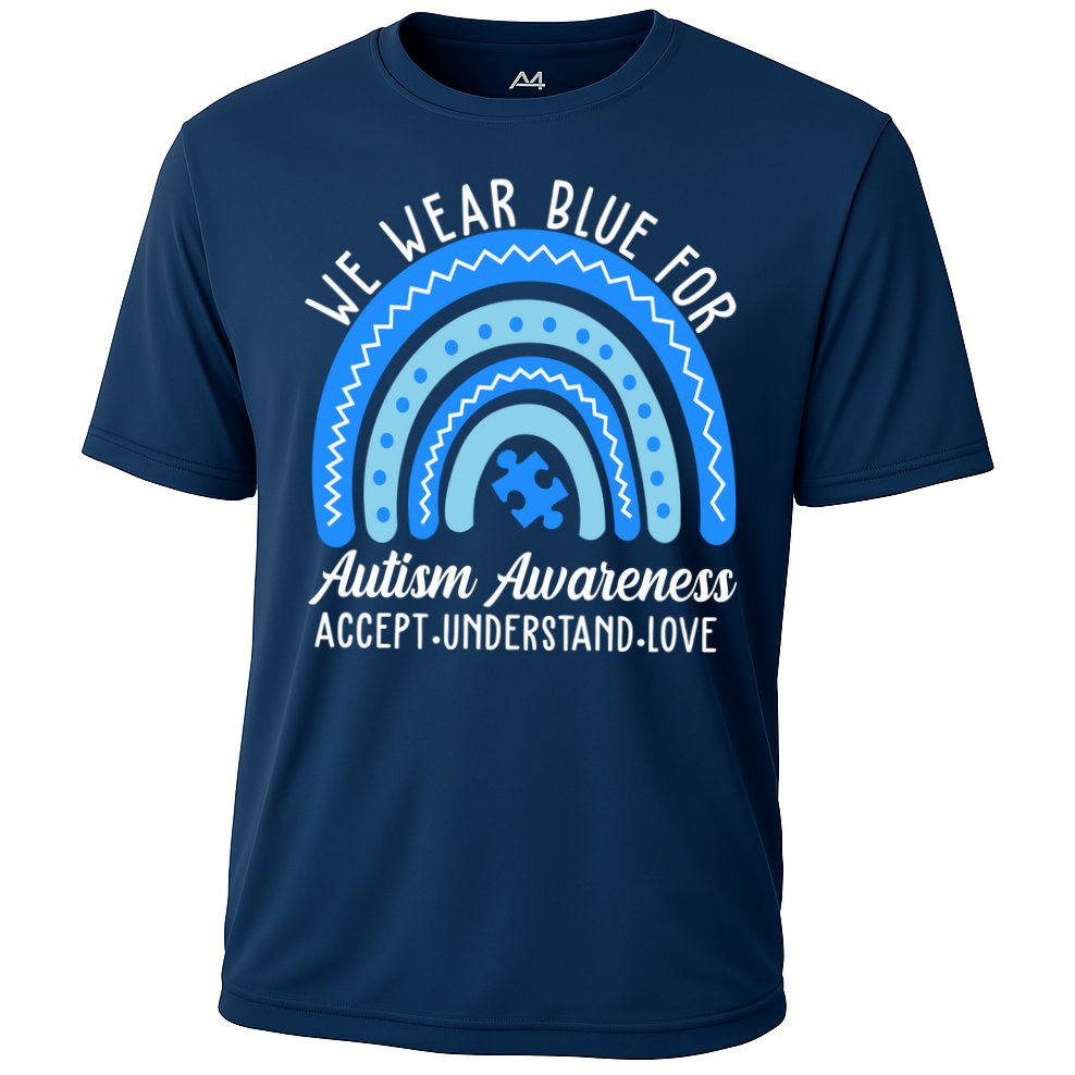 We Wear Blue For Autism Awareness Puzzle Rainbow Cooling Performance Crew T-Shirt