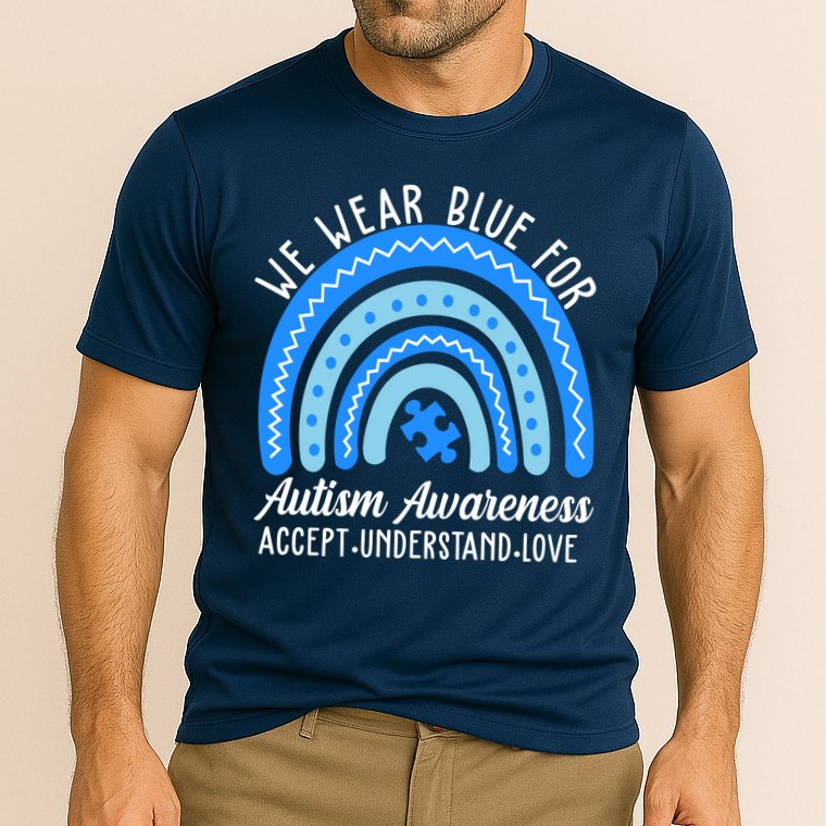 We Wear Blue For Autism Awareness Puzzle Rainbow Cooling Performance Crew T-Shirt