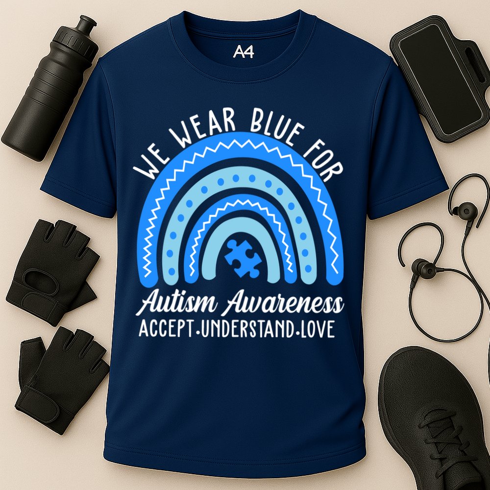 We Wear Blue For Autism Awareness Puzzle Rainbow Cooling Performance Crew T-Shirt