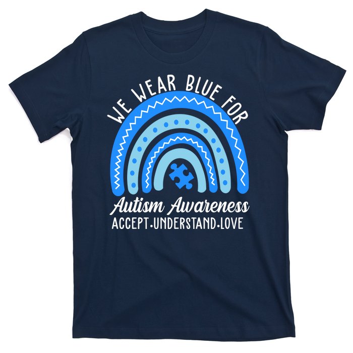 We Wear Blue For Autism Awareness Puzzle Rainbow T-Shirt